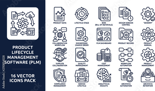 A bold professional 16 icon set for industrial workflow and data systems  with linear graphic elements