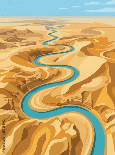 Winding Blue River Through Arid Desert Landscape.