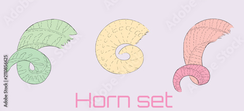 Hand Drawn Curled Horn Set Vector Illustration