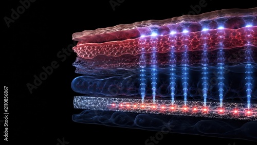 Detailed 3D rendering of layered biological structure showing cellular interaction and microscopic energy transmission