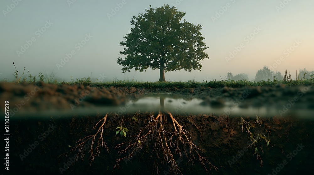 Obraz premium Single Green Tree Overground And Roots Underground With Foggy Horizon In A Rural Meadow Landscape