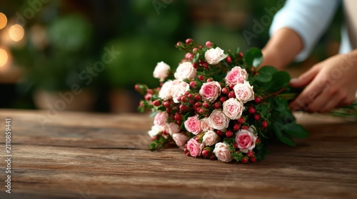 A hand delicately arranges a bouquet of pink roses with greenery on a rustic wooden table, evoking feelings of love, beauty, and the artistry of floral design.