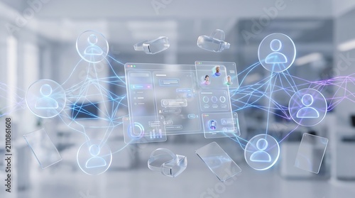 Futuristic digital workspace interface with connected user icons and hologram data screens in virtual office environment