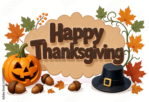 Happy thanksgiving celebration with pumpkin leaves acorns and pilgrim hat design illustration