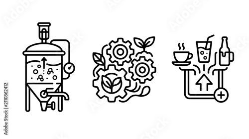 Brewing operations and sustainable beverage production icons with operations sustainable beverage production industry manufacturing engineering technology machinery environment efficiency