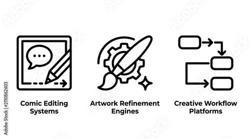Workflow automation and creative design systems icon set for digital platforms with workflow automation creative platform refinement technology management business structure technical