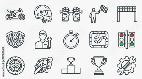 Konstfotografi Professional Black and White Line Set of Motorcycle Racing and Maintenance Icons