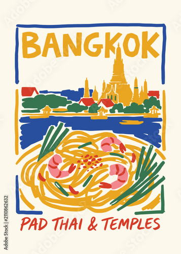 Canvas Print Vintage Bangkok Travel Poster with Pad Thai and Riverside Temple Illustration