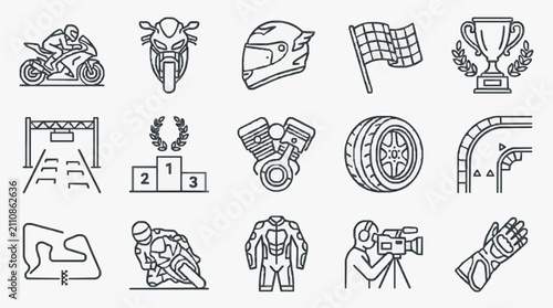 Konstfotografi Professional Black and White Line Drawing Icons Set Featuring Motorcycle Racing