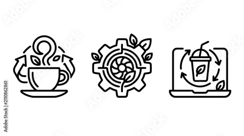 Eco friendly coffee shop and sustainable production icons with friendly sustainable production recycling environment technology industry innovation business management recyclable automation