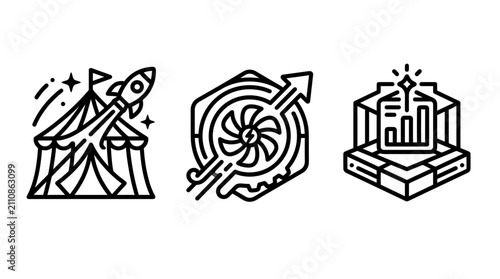 Linear icons showcasing modern performance art and strategic industrial growth with industrial strategy performance innovation business development analysis statistics optimization efficiency