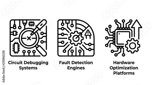 Circuit debugging fault detection hardware optimization icons set with debugging detection hardware optimization electronics technology engineering development microchip analysis industrial