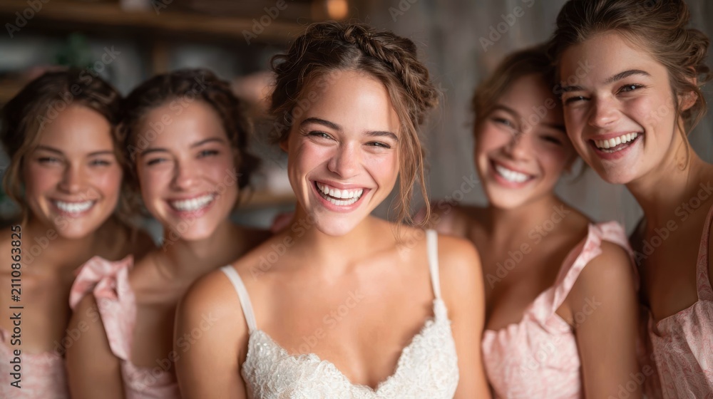 Obraz premium A joyful scene capturing a smiling bride surrounded by her friends, all exuding happiness and anticipation for the special day filled with love and friendship.