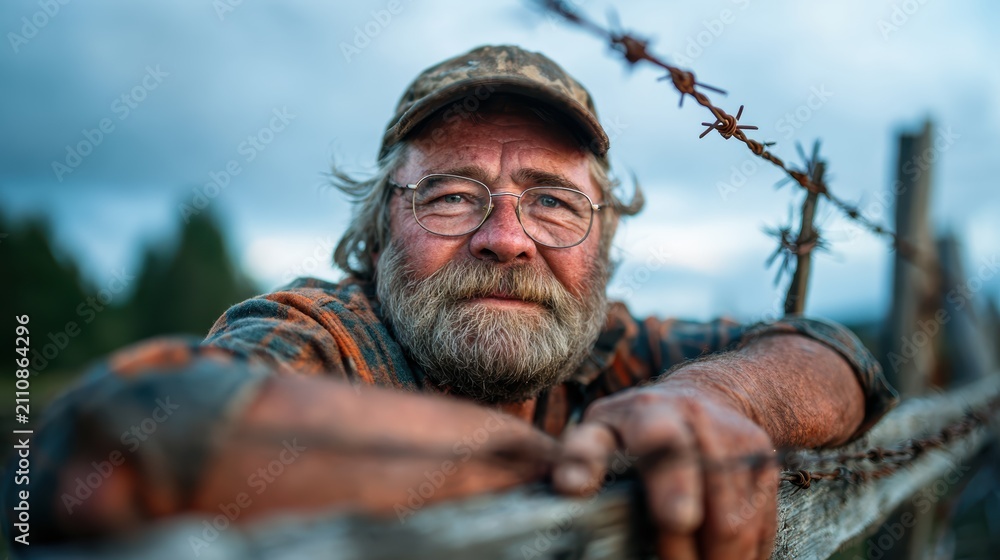 Fototapeta premium A rugged farmer with a thoughtful expression leans on a rustic wooden fence, reflecting the hard work and dedication of agricultural life against a dramatic sky.