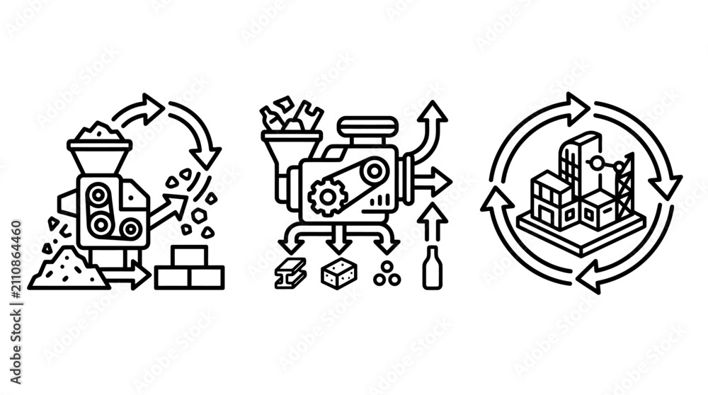 Fototapeta premium Recycling material recovery circular economy building industry line icon set with recycling recovery circular material processing construction industry sustainable environment production