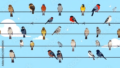 Colorful birds perched on power lines seamless pattern background illustration vector style