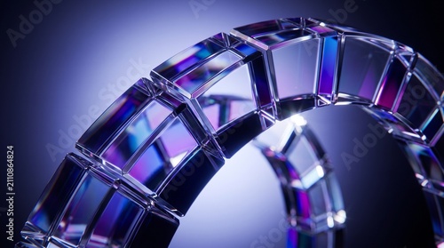 Geometric glass arcs in purple and blue tones with reflected light with close up curved glass arches composed rectangular blocks architecture reflection background