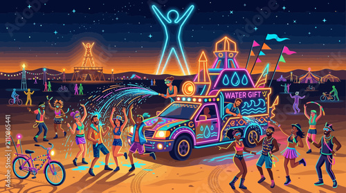 Desert Festival Celebration with Neon Art Car and People Dancing