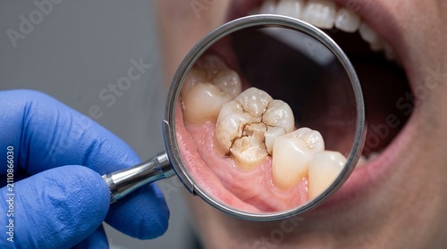 Dental professional examines a patient's badly damaged molar with a dental mirror, showing decay.