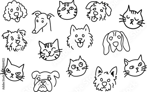 Hand Drawn Cute Dog and Cat Face Doodle Collection Outline Vector