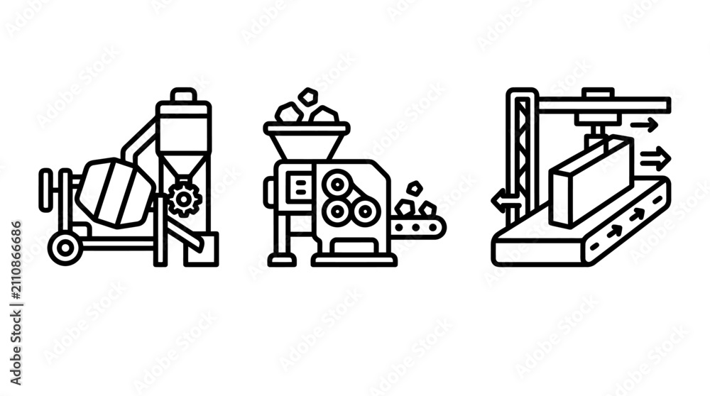 Obraz premium Industrial manufacturing and automated construction production line art icon set with manufacturing production automation industrial construction technology machinery engineering assembly