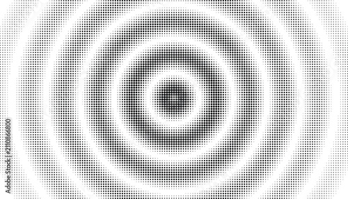 Concentric circular halftone ring pattern with black dots, abstract radial ripple effect on a white background, for texture usage