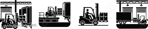 Forklift loading dock silhouette vector icons for warehouse logistics
