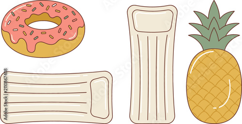 Bild auf Leinwand Summer Pool Float Vector Set with Inflatable Donut Air Mattress and Pineapple Sw