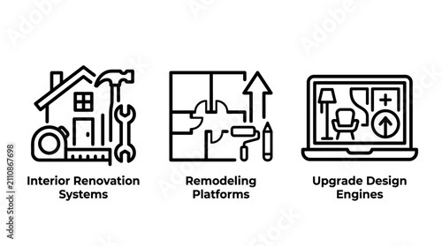 Interior renovation and home improvement icons featuring systems platforms design tools renovation interior remodeling improvement construction architecture planning platform building