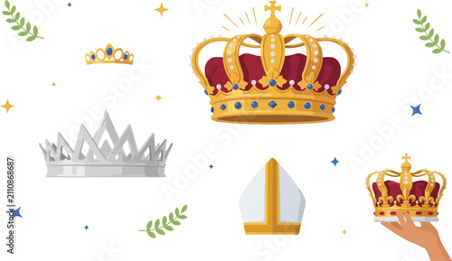 Foto Golden royal crown and pope hat symbols vector illustration set