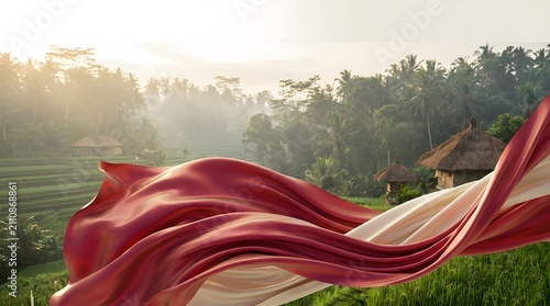Red And White Fabric Indonesian independence Flag Waves at Indonesian Nature and Urban Landscape, made by Ai