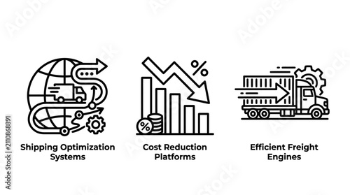 Global shipping optimization and freight management line icons with shipping logistics optimization transport business distribution efficiency delivery industry management planning analysis