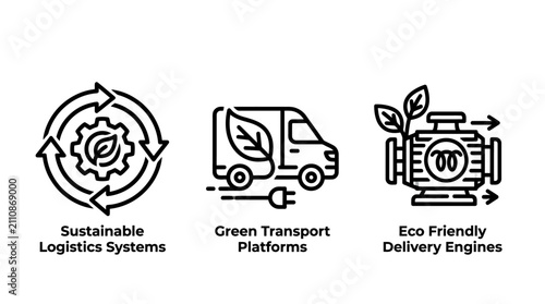 Sustainable logistics and green eco friendly delivery system icons with sustainable logistics delivery friendly transport environment innovation efficiency shipping electric business