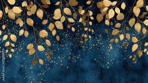 Elegant Golden Leaves Hanging on Dark Navy Blue Textured Background