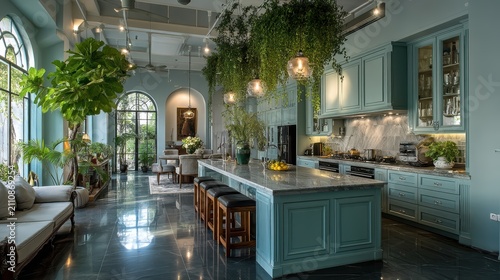 Modern Luxury Green Kitchen Interior with Marble Island Counter and Hanging Houseplants