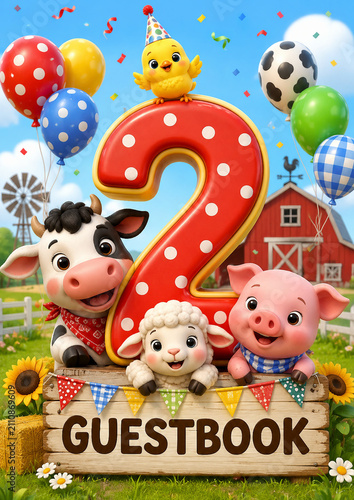 Charming farm-themed second birthday guestbook featuring a happy cow, pig, lamb, chick, colorful balloons, and a rustic barn. Perfect for children's birthday celebrations, invitations, keepsake books,