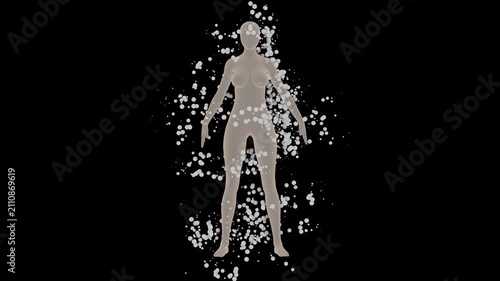 Medical visualization of the human figure using floating molecular particles. Animation of a biological energy field.
