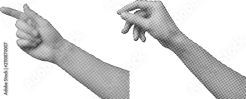 Two hands pointing finger and pinching or picking gesture in black and white halftone dotted style direction selection and body language concept isolated on white background