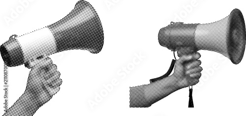 Two hands holding megaphones bullhorn speakers in black and white halftone dotted style announcement public speaking marketing promotion and communication concept isolated on white background