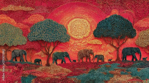 Vibrant paper cut art illustration of elephants walking in African savanna landscape under sunset sun backdrop.