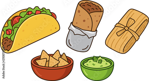 Bild auf Leinwand Traditional Mexican Food Vector Illustration Set Featuring Crispy Taco Beef Burr