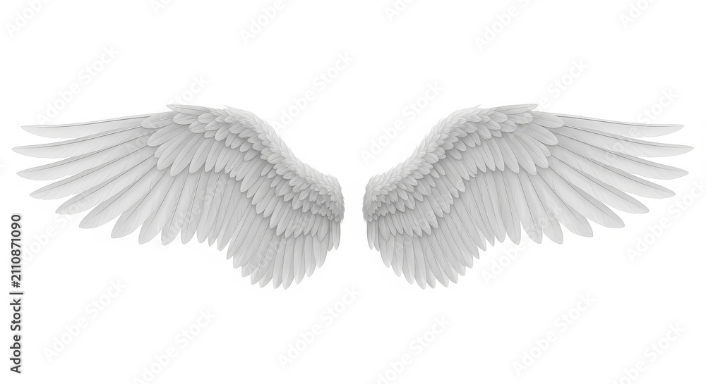 Obraz premium Pair of White Angel Wings Isolated on White Background for Graphic Design and Religious Concepts