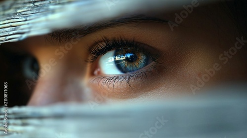 Close up of female eye behind window blind, symbolizing abuse, domestic violence, fear and hidden victim.