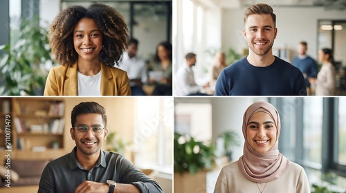 Four smiling young adults diverse faces in office and home settings people happy