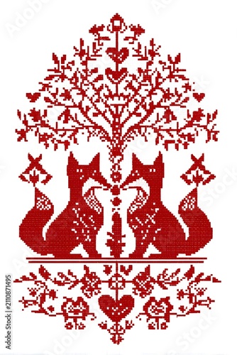 Red folk art paper cut style illustration featuring two foxes under a tree of life with heart floral accents.