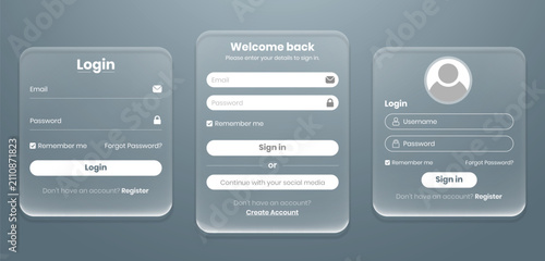 Set of modern login, sign in forms in liquid glass style. Professional registration forms page user friendly interface web and UI UX design elements with username, email and password button