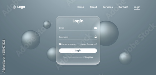 Modern login, sign in forms in liquid glass style. Professional registration forms page user friendly interface web and UI UX design elements with username, email and password button