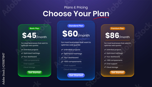 Bild auf Leinwand Modern pricing plan tables in liquid glass morphism style for website or mobile app UI UX design