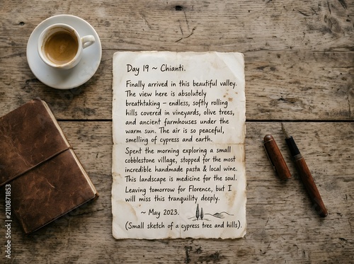 Old journal entry with coffee and pen on rustic wooden table.