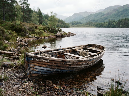 Old wooden rowboat tied to shore on a calm lake surrounded by trees and mountains.